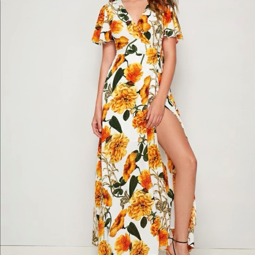 Floral Print Petal Sleeve Wrap Belted Dress